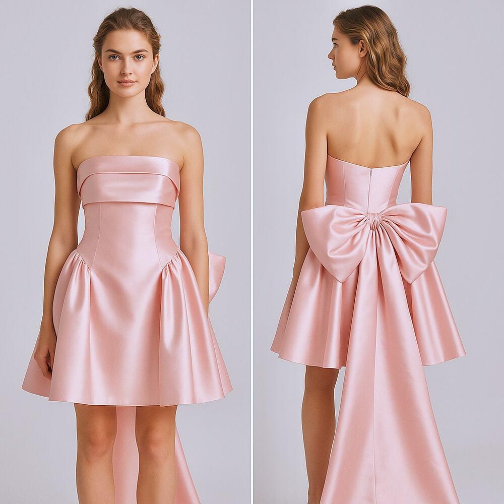 Soft Pink Satin Coquette Formal Dress Ruffle Bodice Dramatic Oversized Bow Train